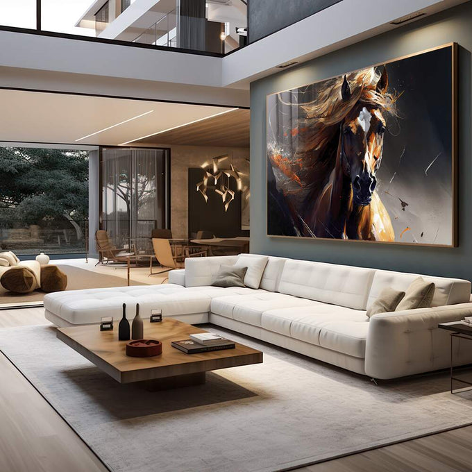 Quadro Decorativo: Retrato Majestoso de Cavalo ao Vento - quadros decorativos 1 Tela, 1 Tela Horizontal - em sala moderna