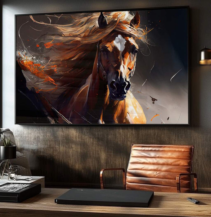 Quadro Decorativo: Retrato Majestoso de Cavalo ao Vento - quadros decorativos para sala 1 Tela, 1 Tela Horizontal - em ambiente decorado