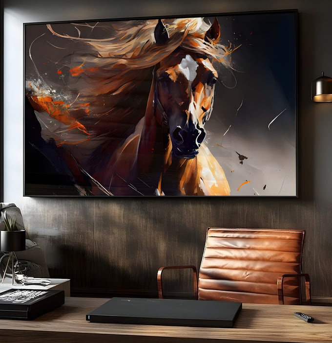 Cavalo alazão com crina dourada ao vento e respingos laranja em fundo escuro, quadro decorativo