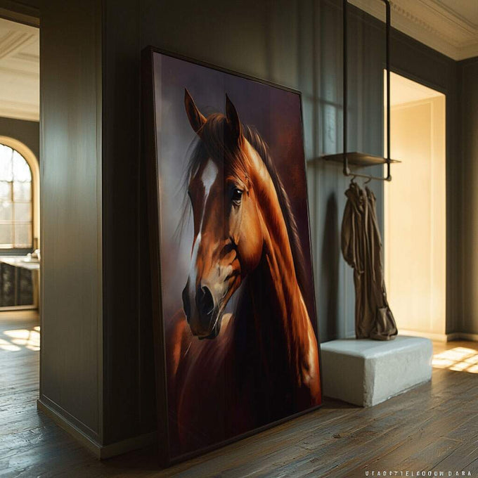 Quadro Decorativo - Cavalo Marrom Majestoso - quadros decorativos para sala 1 Tela Vertical, 3 Telas - em ambiente decorado