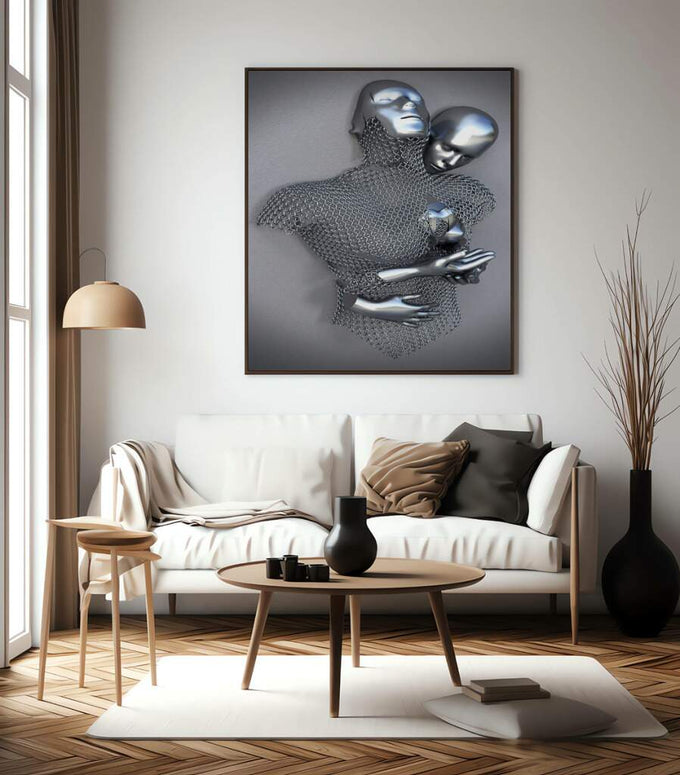 Quadro Decorativo Amor Eterno: Enlace de Almas em Prata - quadros decorativos para sala 1 Tela Vertical, 3 Telas - em living room premium