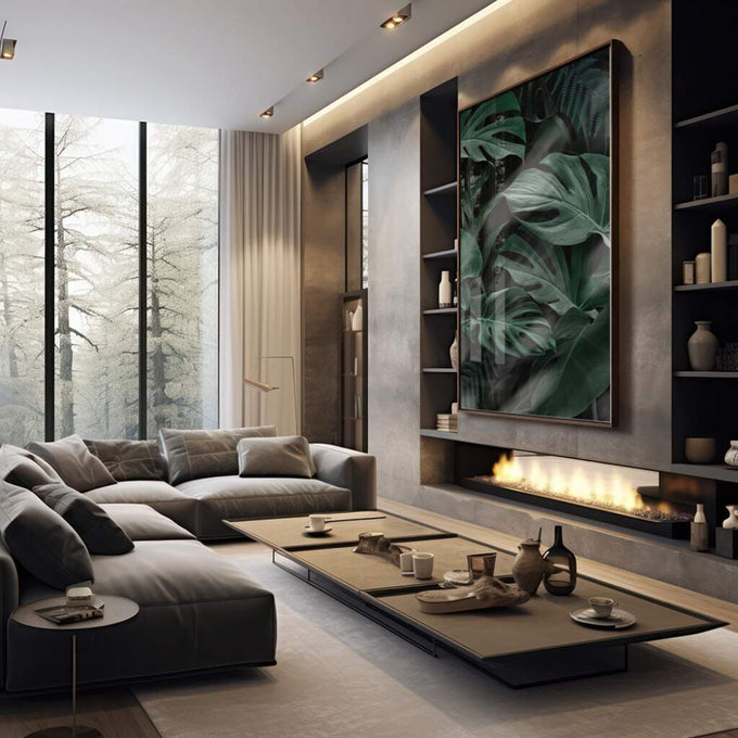 Quadro Decorativo Folhagem Tropical: Elegância Pura - quadros decorativos 1 Tela Vertical, 3 Telas - em escritorio elegante