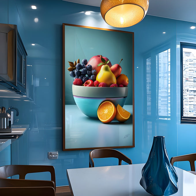 Tigela azul com maçãs, pera, mirtilos, framboesas e laranjas cortadas sobre fundo turquesa, quadro decorativo