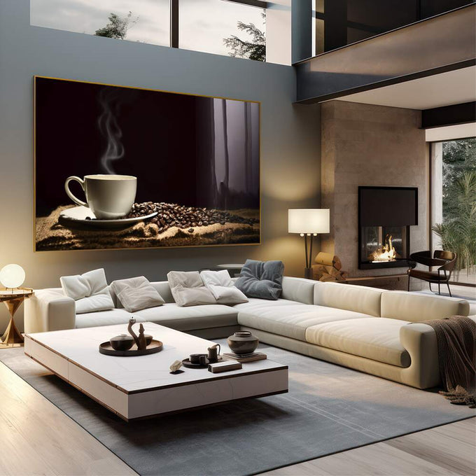 Quadro Decorativo Essência de Café: Desperte Seus Sentidos - quadros decorativos 1 Tela, 1 Tela Horizontal - em sala moderna
