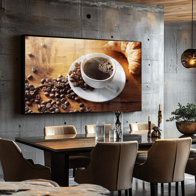 Quadro Decorativo Xícara com Croissant: Inspire-se! - quadros decorativos para sala 1 Tela, 1 Tela Horizontal - em ambiente decorado