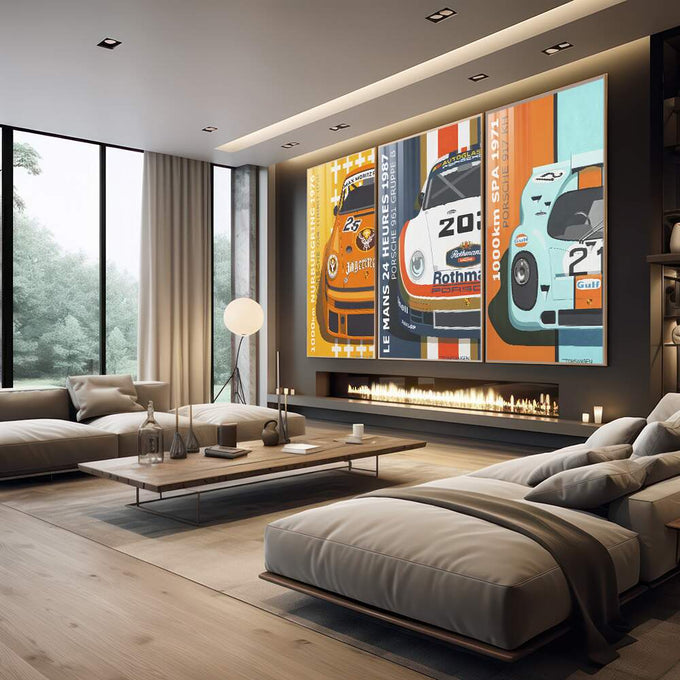 Quadro Decorativo Celebração Vibrante Porsche - Exclusivo - quadros decorativos para sala 1 Tela Vertical, 3 Telas - em quarto contemporaneo