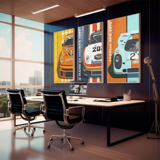 Quadro Decorativo Celebração Vibrante Porsche - Exclusivo - quadros decorativos para sala 1 Tela Vertical, 3 Telas - em living room premium