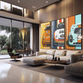 Quadro Decorativo Celebração Vibrante Porsche - Exclusivo - quadros decorativos 1 Tela Vertical, 3 Telas - em sala moderna