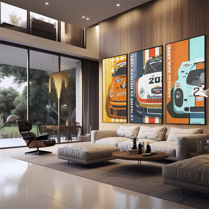 Quadro Decorativo Celebração Vibrante Porsche - Exclusivo - quadros decorativos 1 Tela Vertical, 3 Telas - em sala moderna