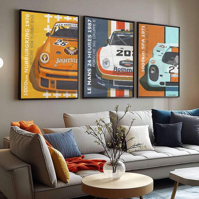 Quadro Decorativo Celebração Vibrante Porsche - Exclusivo - quadros decorativos para sala 1 Tela Vertical, 3 Telas - em ambiente decorado