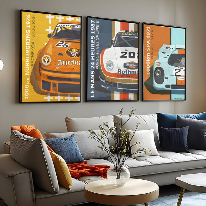 Trio de Porsches de corrida 934, 961 e 917 com pinturas Jägermeister, Rothmans e Gulf, quadro decorativo