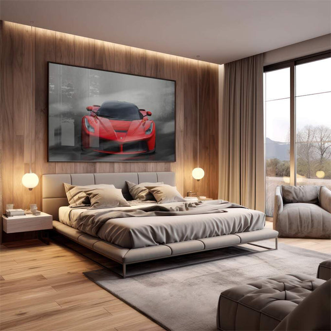Quadro Decorativo Carro Vermelho: Velocidade e Estilo - quadros decorativos 1 Tela, 1 Tela Horizontal - em escritorio elegante