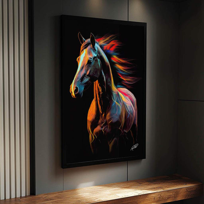 Quadro Decorativo: Cavalo Colorido Surreal - Único - quadros decorativos para sala 1 Tela Vertical, 3 Telas - em ambiente decorado
