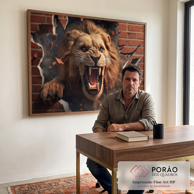 Quadro Decorativo Leão: Quebrando Parede Raivoso em escritorio moderno - quadros decorativos para sala