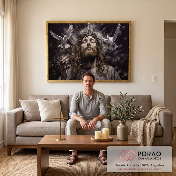 Quadro Decorativo Jesus - Elegância e Espiritualidade em Tecido Canvas Dourado em sala de estar moderna - quadros decorativos para sala