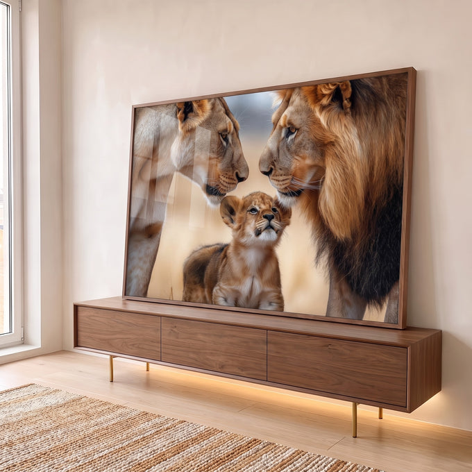 Quadro Decorativo A Simplicidade da Família de Leões Amor e União em ambiente decorado - quadros decorativos para sala