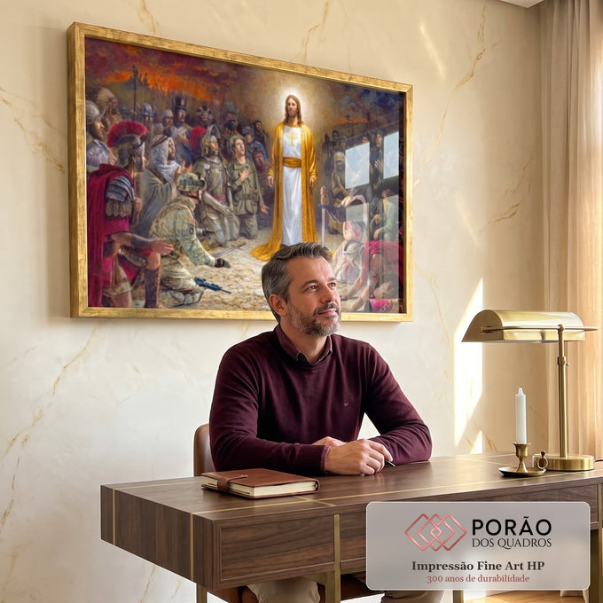 Quadro Decorativo: Luz de Fé - Sublime Cena de Jesus em escritorio moderno - quadros decorativos para sala