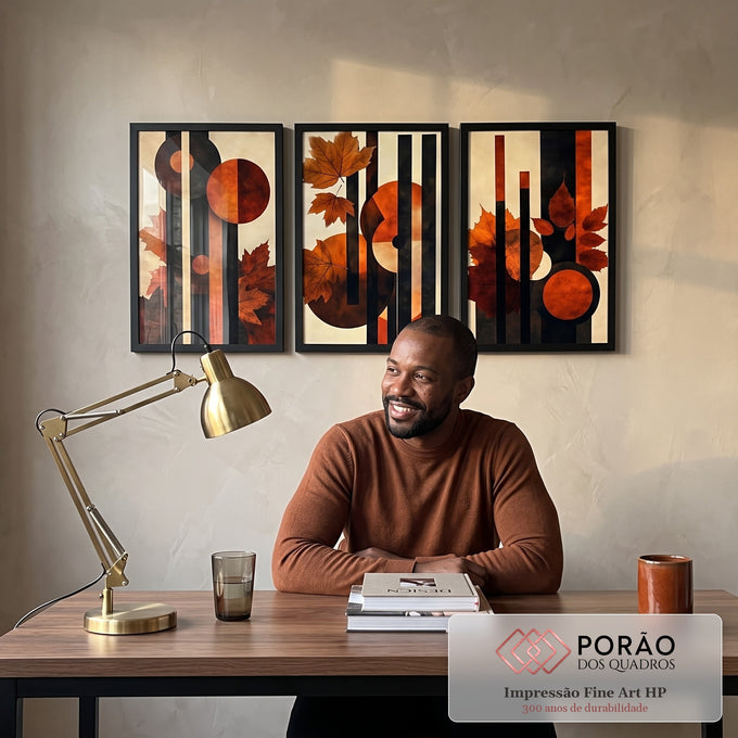 Quadro Decorativo Abstrato com Folhas Alaranjadas em escritorio moderno - quadros decorativos para sala