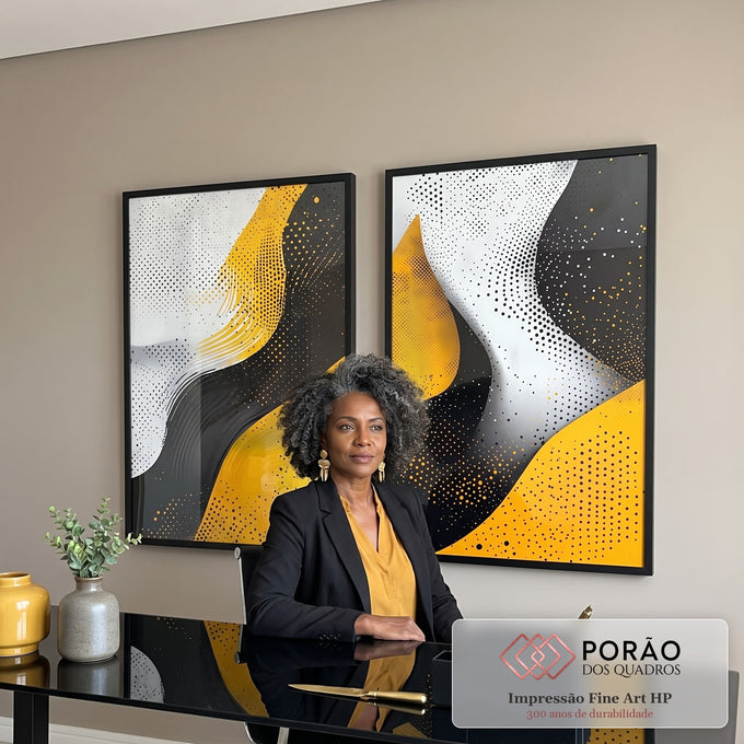 Quadro Decorativo Abstração em Ponto - Preto, Branco e Amarelo em escritorio moderno - quadros decorativos para sala