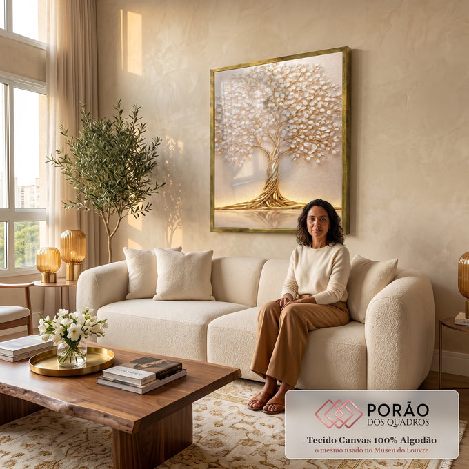Quadro Decorativo Árvore Dourada Elegante em sala de estar moderna - quadros decorativos para sala
