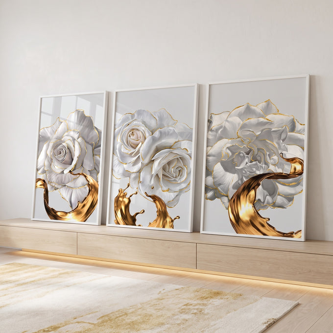 Quadro Decorativo: Harmonia de Rosas Brancas e Dourado em ambiente decorado - quadros decorativos para sala