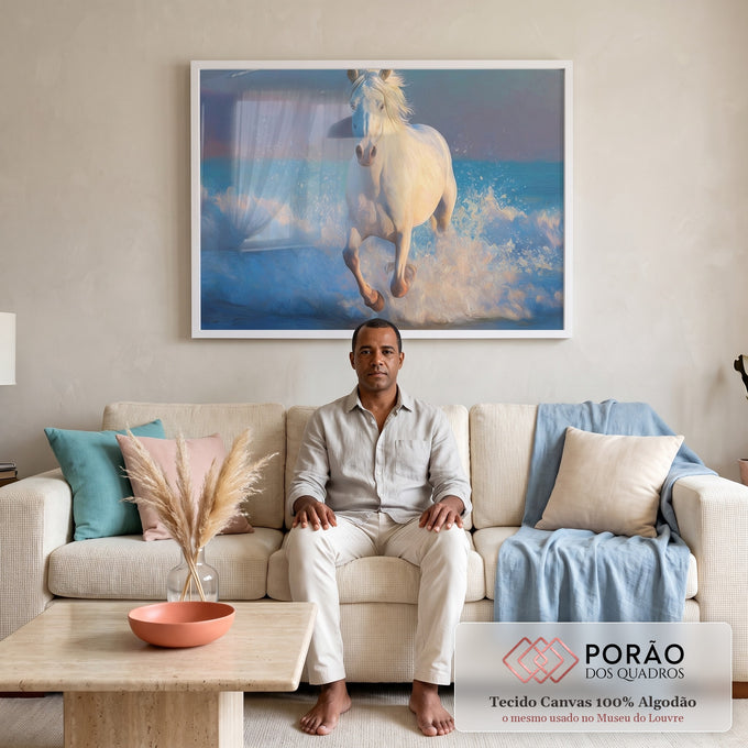 Quadro Decorativo Cavalo Branco em Liberdade em sala de estar moderna - quadros decorativos para sala