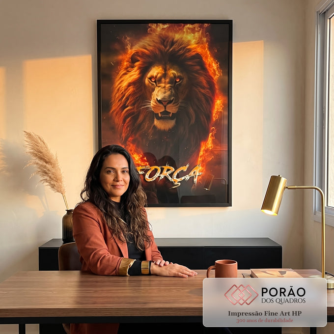 Quadro Decorativo Leão Força Fogo - Exuberância e Estilo para Sua Parede em escritorio moderno - quadros decorativos para sala