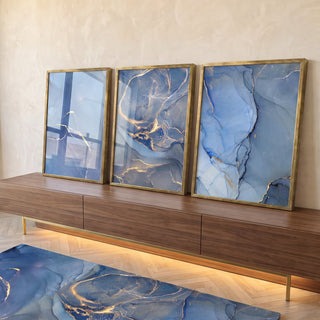 Quadro Decorativo: Oceano de Luxo em Azul e Ouro em ambiente decorado - quadros decorativos para sala