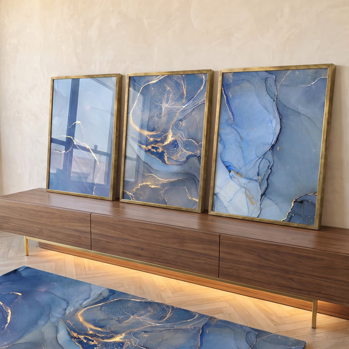 Quadro Decorativo: Oceano de Luxo em Azul e Ouro em ambiente decorado - quadros decorativos para sala