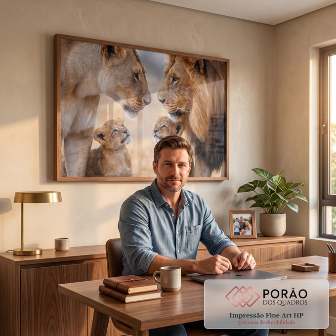 Quadro Decorativo - Leões em Harmonia Familiar em escritorio moderno - quadros decorativos para sala