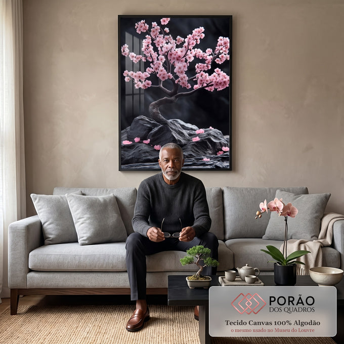 Quadro Decorativo Árvore da Vida com Pétalas Rosas Harmonia e Beleza em sala de estar moderna - quadros decorativos para sala