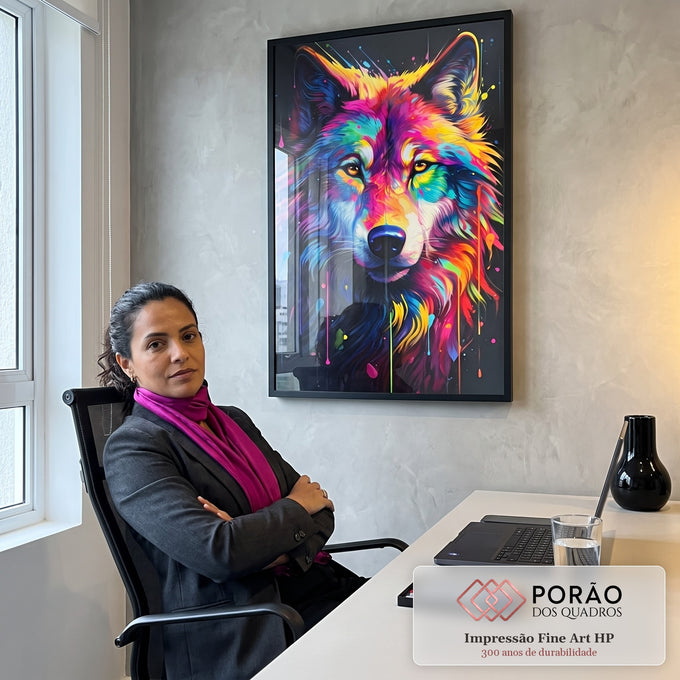 Quadro Decorativo Lobo Colorido - Arte para Transformar Seu Espaço em escritorio moderno - quadros decorativos para sala