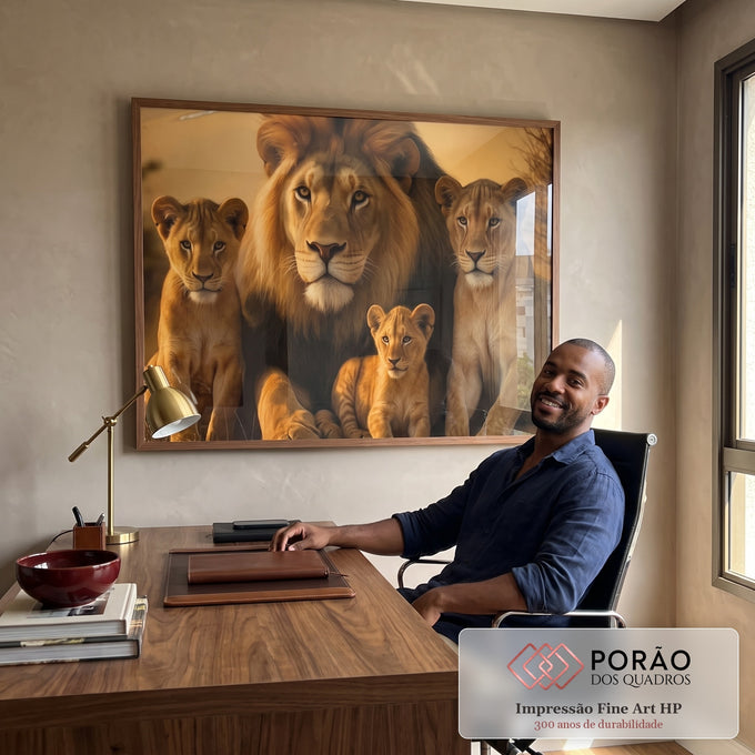 Quadro Decorativo Leão e Filhotes em escritorio moderno - quadros decorativos para sala