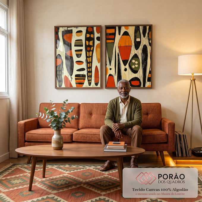 Quadro Decorativo Abstrato African Inspired - Amarelo e Laranja Vibrante em sala de estar moderna - quadros decorativos para sala