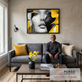 Quadro Decorativo Mulher sobre tons Amarelados em sala de estar moderna - quadros decorativos para sala