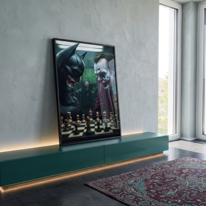 Quadro Decorativo Morcego vs Palhaço Épico em ambiente decorado - quadros decorativos para sala