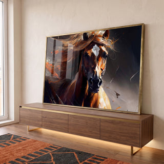 Quadro Decorativo: Retrato Majestoso de Cavalo ao Vento em ambiente decorado - quadros decorativos para sala