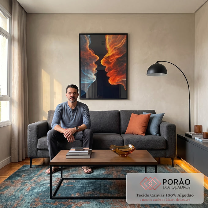 Quadro Decorativo Dualidade Azul e Laranja em sala de estar moderna - quadros decorativos para sala