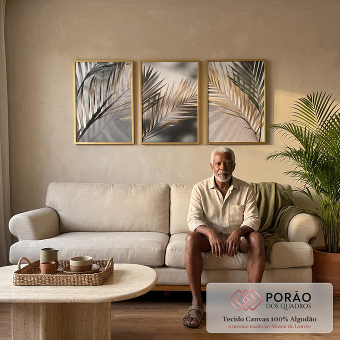 Quadro Decorativo Folhas Douradas - Desperte Luxo em Seu Ambiente em sala de estar moderna - quadros decorativos para sala