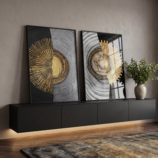 Quadro Decorativo: Elegância Solar em Preto e Dourado em ambiente decorado - quadros decorativos para sala