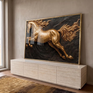 Quadro Decorativo Cavalo Dourado em Movimento em ambiente decorado - quadros decorativos para sala