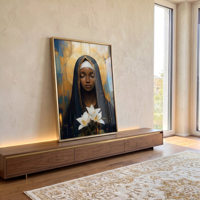 Quadro Decorativo A Paz De Nossa Senhora de Aparecida em ambiente decorado - quadros decorativos para sala
