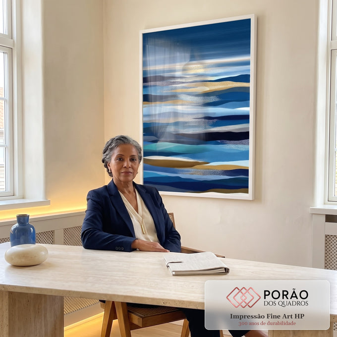 Quadro Decorativo Abstrato Serenidade Azul em escritorio moderno - quadros decorativos para sala