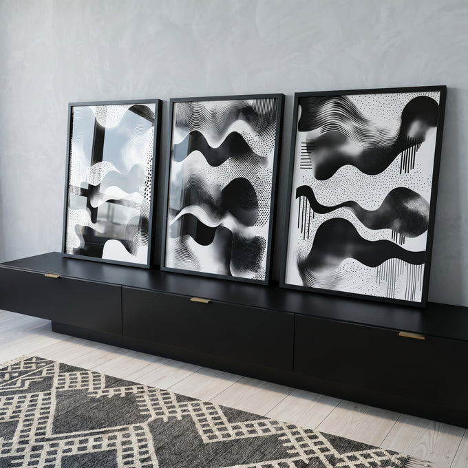Quadro Decorativo Abstração Geométrica em Preto e Branco em ambiente decorado - quadros decorativos para sala