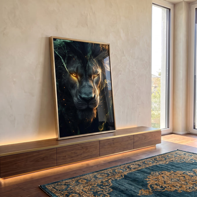 Quadro Decorativo Leão Radiante - Força e Beleza para Sua Casa em ambiente decorado - quadros decorativos para sala