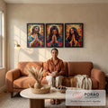 Quadro Decorativo Abstrato de Jesus, Maria e José em sala de estar moderna - quadros decorativos para sala