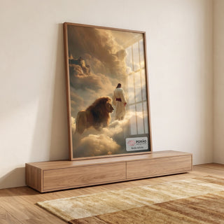 Quadro Decorativo Jesus e Leão em Harmonia Divina em ambiente decorado - quadros decorativos para sala