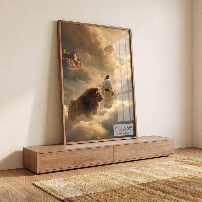 Quadro Decorativo Jesus e Leão em Harmonia Divina em ambiente decorado - quadros decorativos para sala