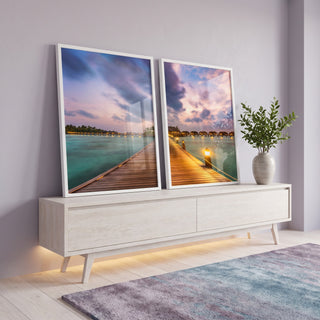 Quadro Decorativo Pôr do Sol Maldivas: Encante-se! em ambiente decorado - quadros decorativos para sala