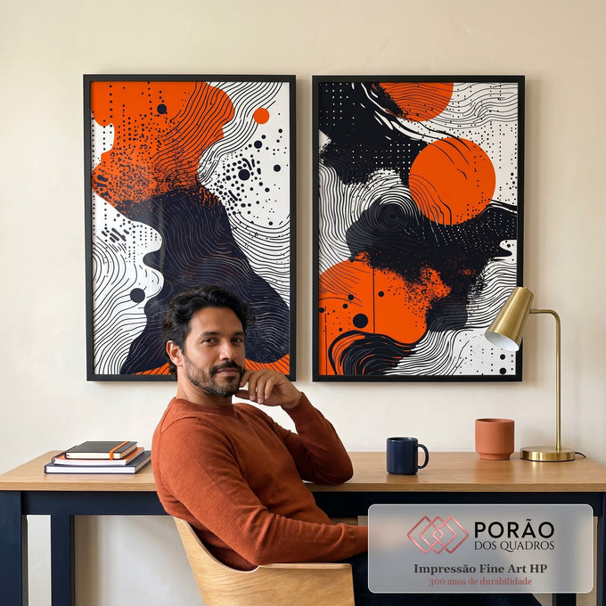 Quadro Decorativo Abstrato com Tons de Laranja, Preto e Branco em escritorio moderno - quadros decorativos para sala